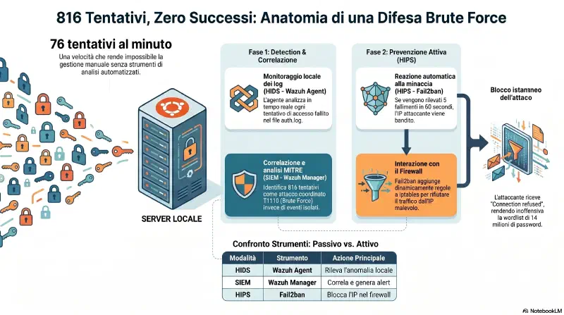 Anatomia dell'attacco SSH brute force e della catena difensiva
