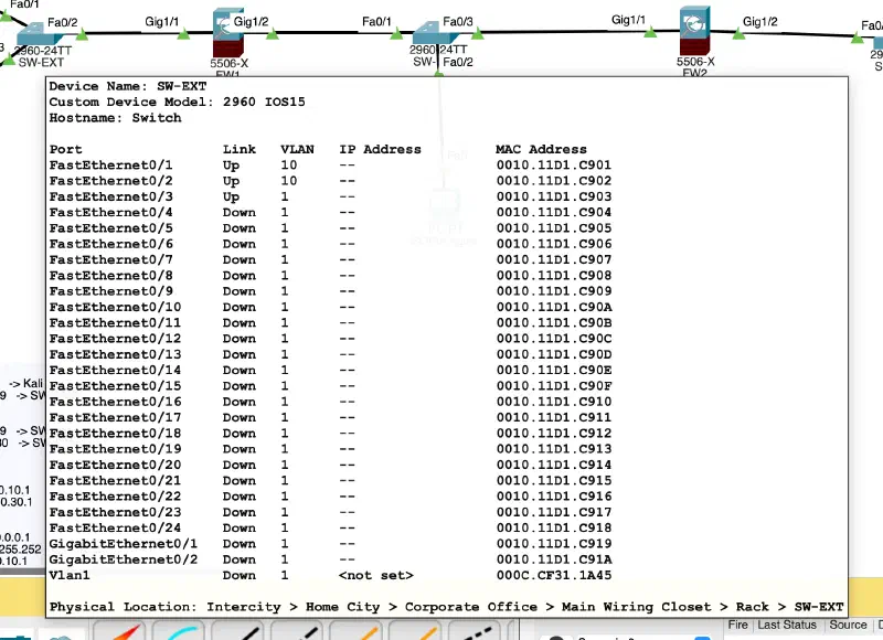 Dettaglio porte SW-EXT con VLAN e MAC address