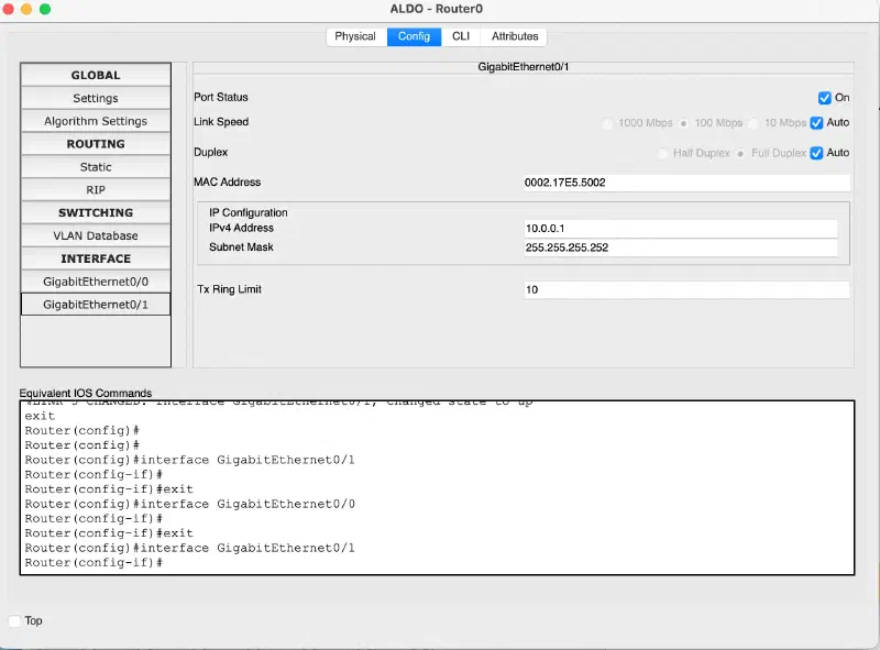 Configurazione interfacce Router1