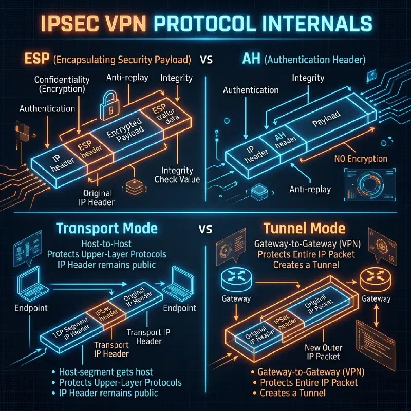 Analisi interna del protocollo IPsec: ESP vs AH e Transport vs Tunnel Mode